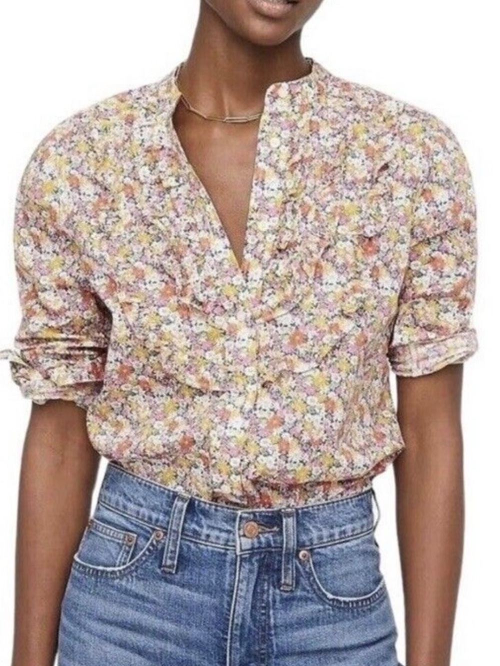 J. Crew x Liberty of London Band-Collar Ruffle-Front Shirt Size Small